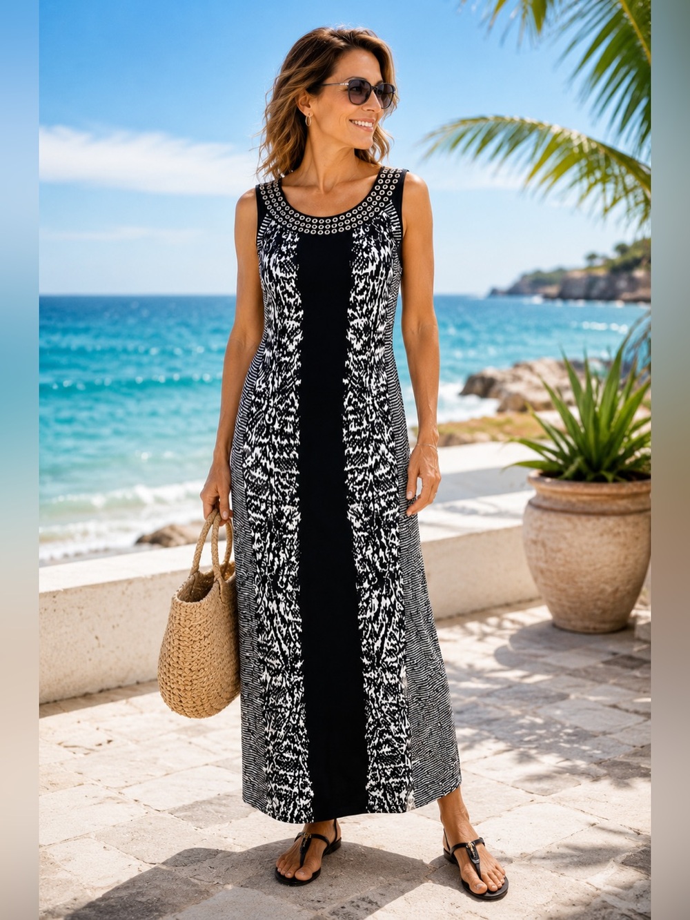 Peter Nygard Black White Embellished Maxi Dress Sleeveless Stretch Small
